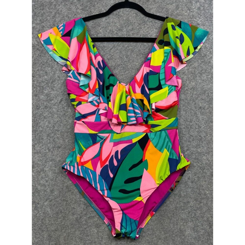 Trina Turk Rainforest Monaco Ruffle One Piece Swimsuit Womens 10 Tropical Swim